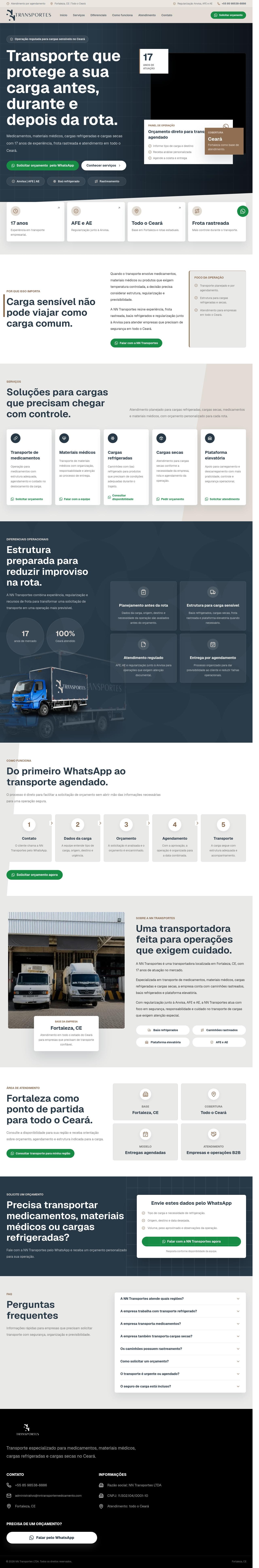 Screenshot completo da landing page NN Transportes