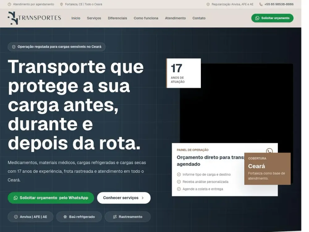 Landing page da NN Transportes, de Fortaleza, em uma tela de desktop