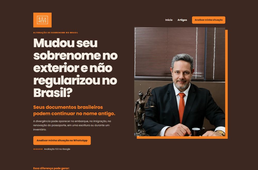 Página inicial de Alteração de Sobrenome no Brasil, projeto desenvolvido por Kauã Felix