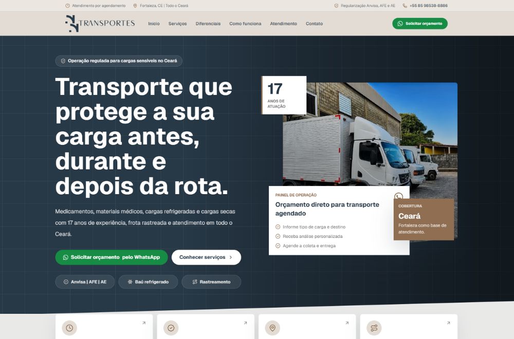 Página inicial de NN Transportes, projeto desenvolvido por Kauã Felix