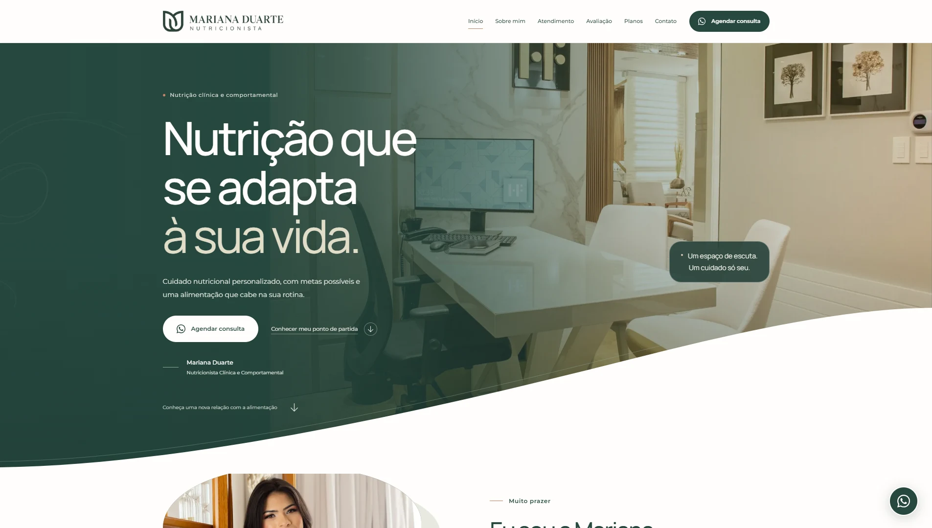 Exemplo Nutra Page: site para nutricionista com apresentação profissional, serviços e contato pelo WhatsApp.